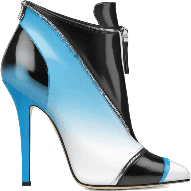 Realistic isolated top view of a pair of white,sky blue,and black ombre Jimmy Choo Stiletto Heel Zippered ankle bootie boots  emoji