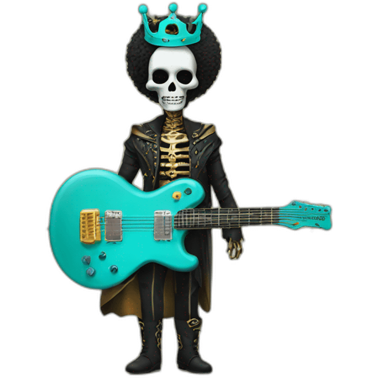 Soolking brook ;black affro cut ;turquoise electric guitar;golden crown ;skeletal face emoji