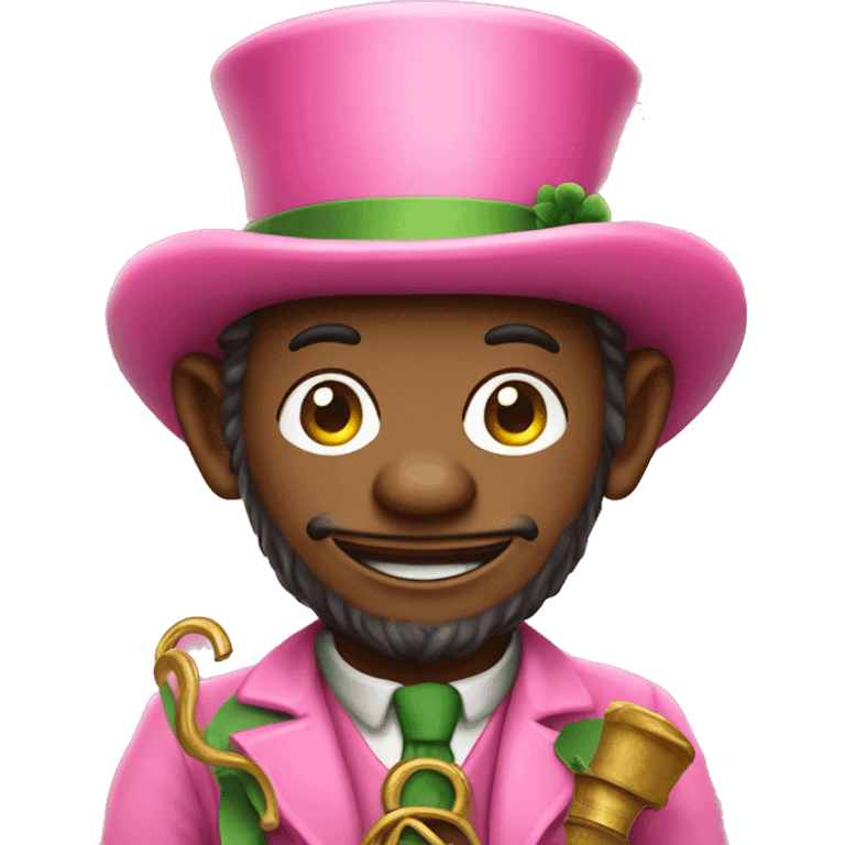 Leprechaun wearing all pink holding a phone emoji