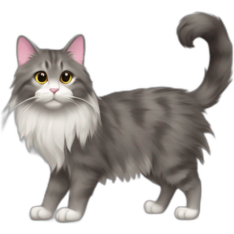 grey norweigian forest cat walking profile furry bushy tail long whiskers furry and fluffy white front and back paws eyes a pink dark brown edged nose small triangular ears emoji