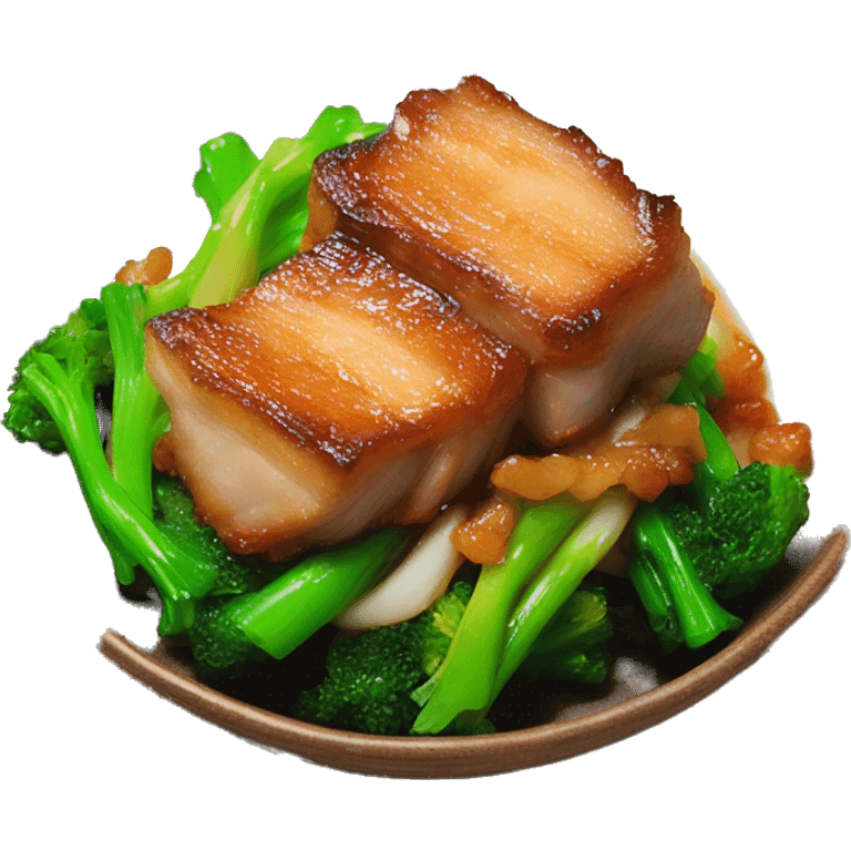 Stir fried Crispy pork belly on oyster sauce with green vegetable emoji