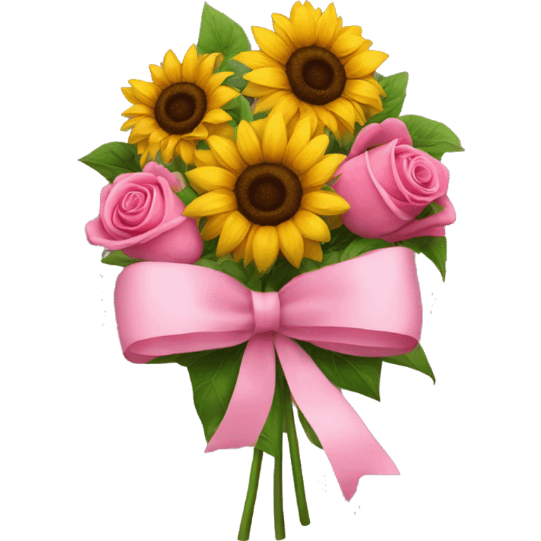 sunflower bouquet with roses and a pink bow emoji