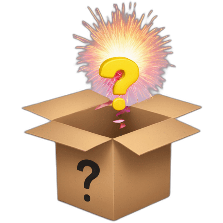 an open box with a firework coming out and a question mark in the middle emoji