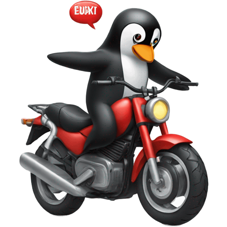 A penguin riding a motorbike making a rock sign like Spider-Man emoji