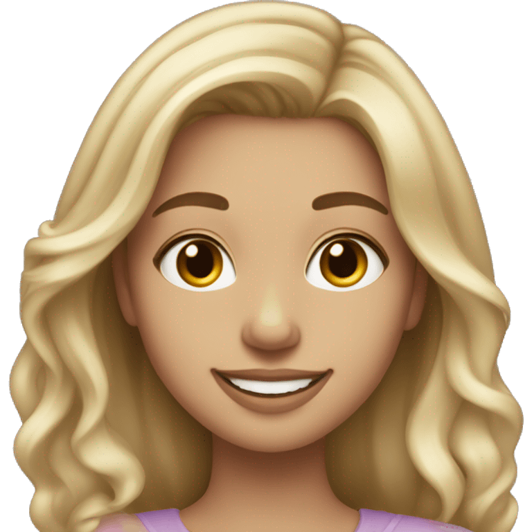 Girl with dirty blonde hair with light blonde highlights with makeup smiling and long hair emoji