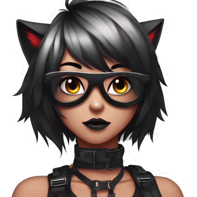 Anthro Edgy Cool Beautiful Black Cat-Fursona with Emo Hair-bangs with Red Streaks Chest Harness emoji