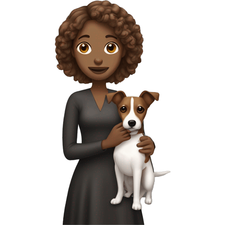 Long haired black woman holding a brown jack Russell terrier ￼ emoji