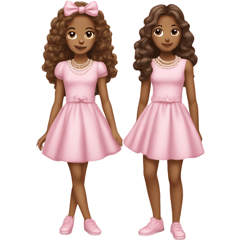 two teenage Latina twins. pink. Long hair. Pink bows. Pearls. Light pink. Diamonds dress. emoji