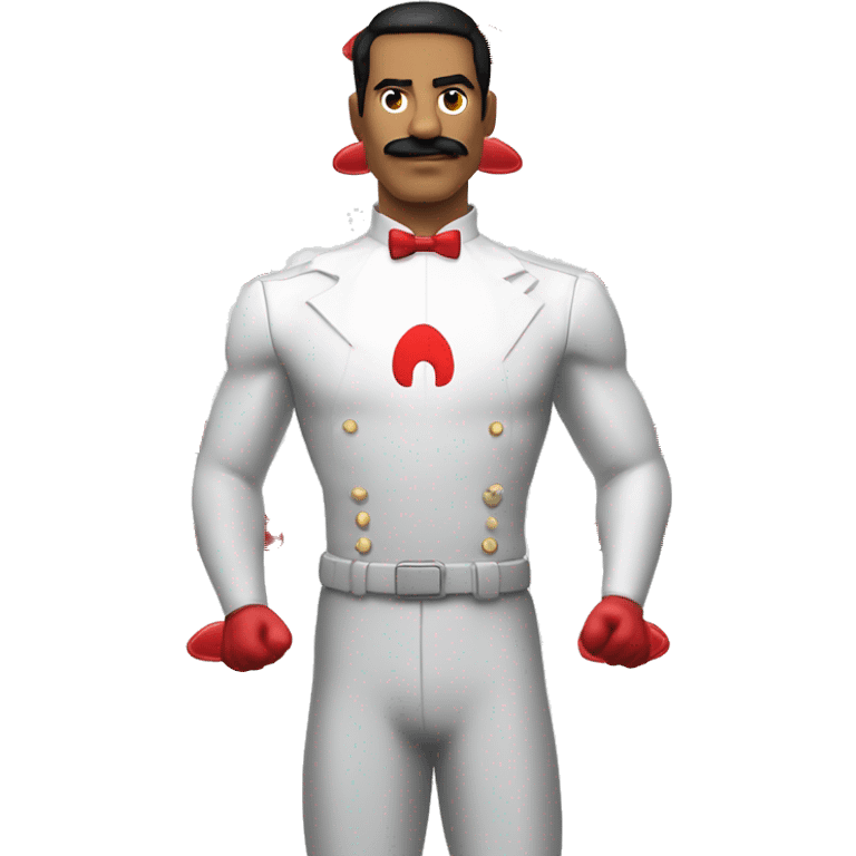 Omni-Man, He should have a full mustache, short dark hair, and be wearing a form-fitting white suit with red gloves, boots, and a large red 'O' symbol on his chest. emoji