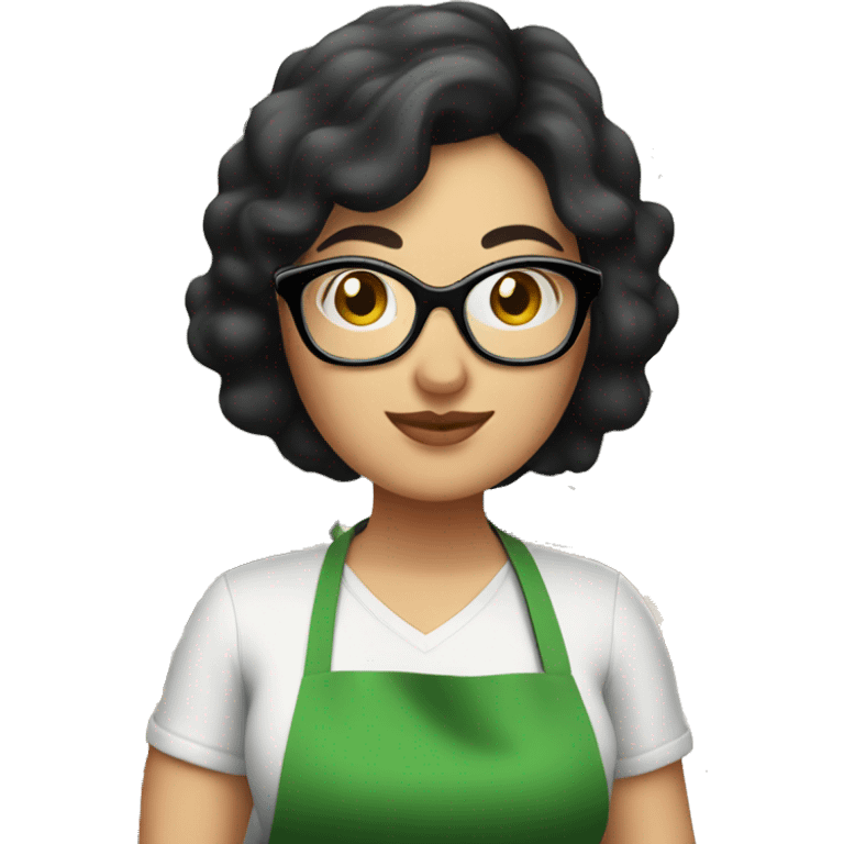 chubby lady with black hair green apron  with glasses cooking tacos emoji