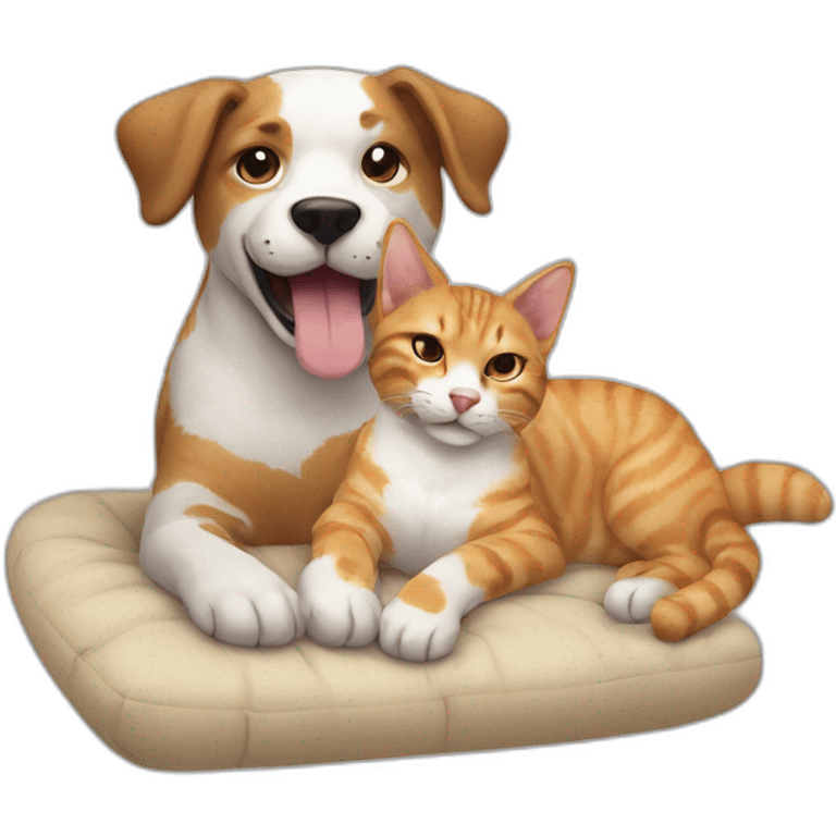 Generate a sticker of a playful scene featuring a cat lying on a cushion and a dog holding a toy in its mouth while interacting. emoji