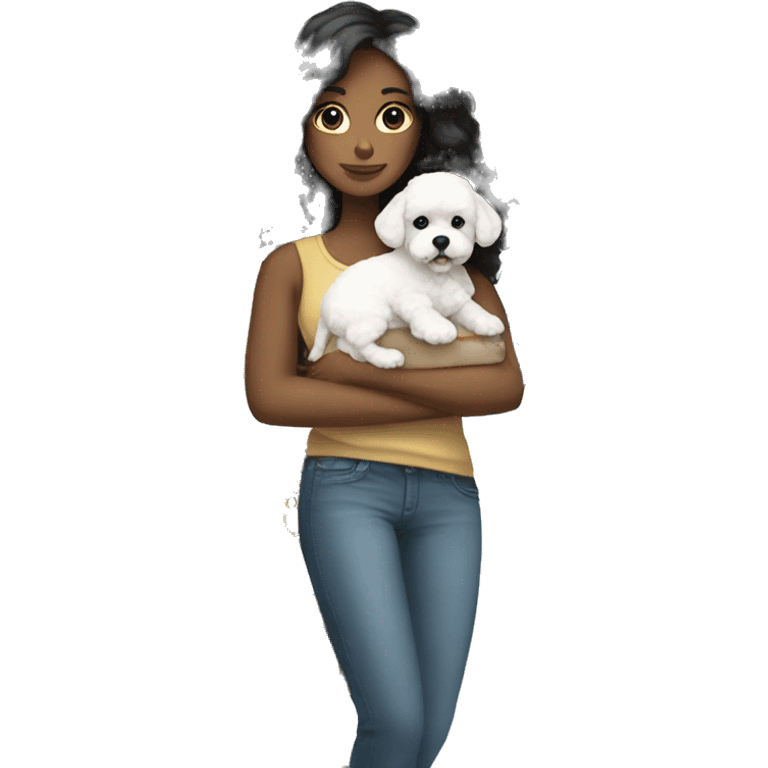 long black haired woman carrying her bichon puppy emoji