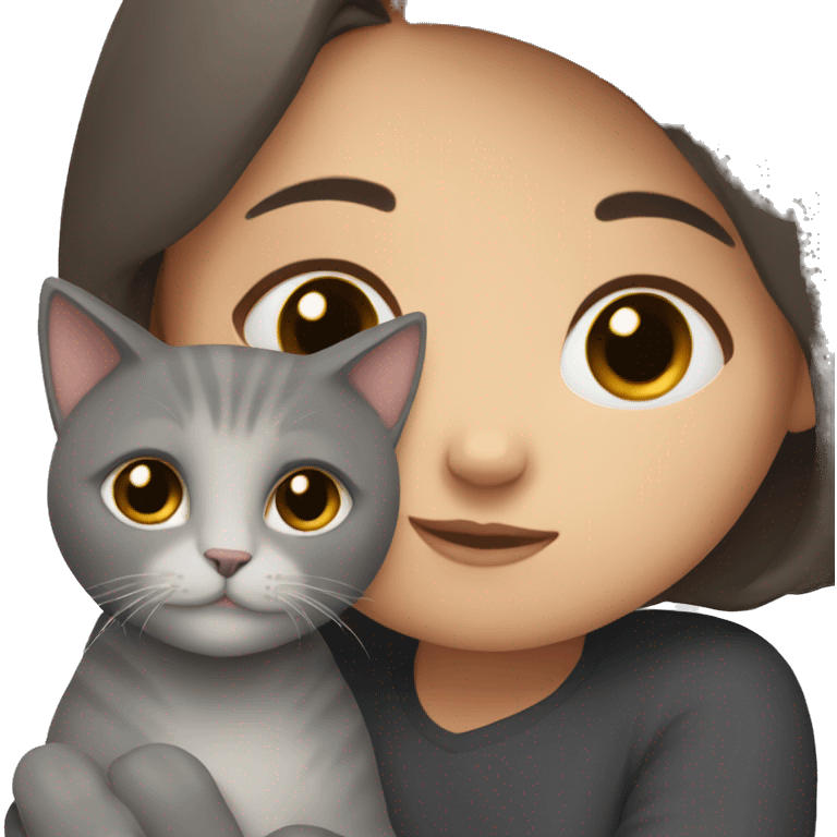 Girl with dark brown hair cuddles grey cat  emoji