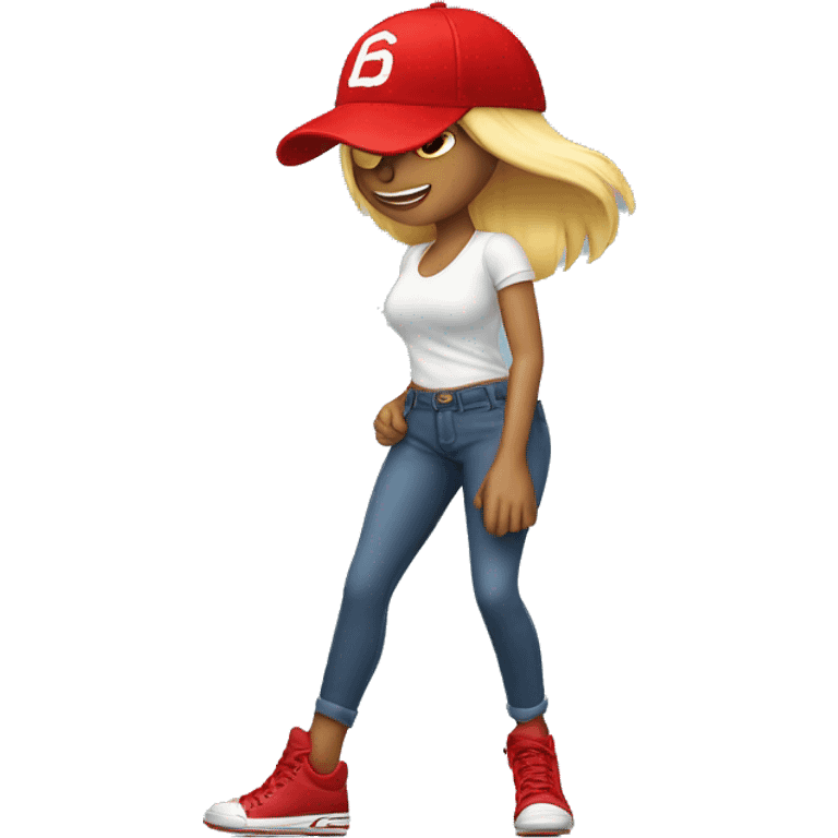 Female leg in pants and high heels stomping on a red baseball cap emoji