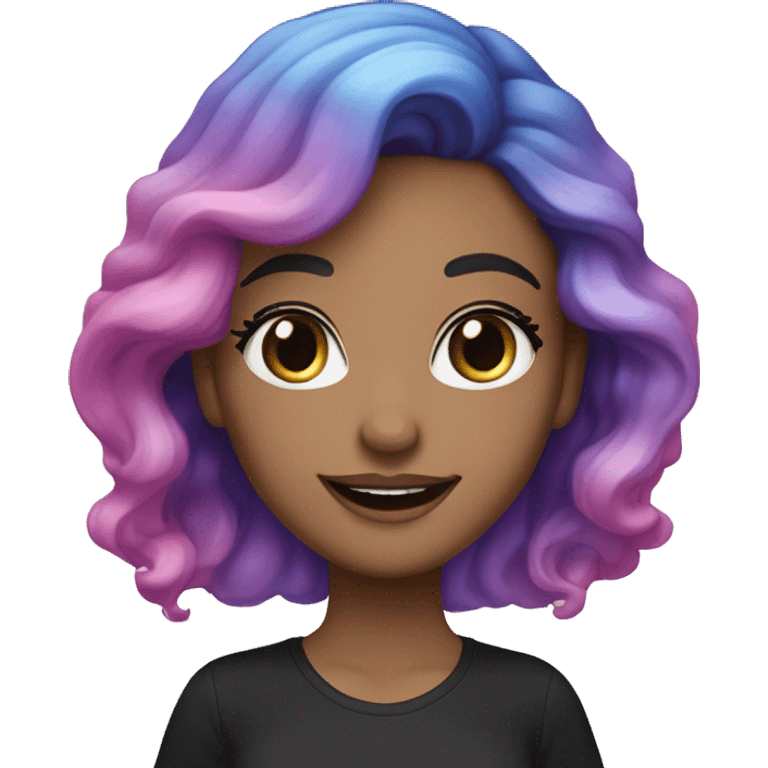 An adult white-skinned woman, with makeup, smiling, face with pink and purple glittery, blue eyes, long wavy ombre hair, ring earrings, black T-shirt. emoji