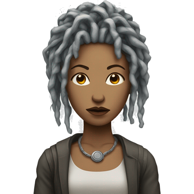 Cyborg lady with locs frowning emoji