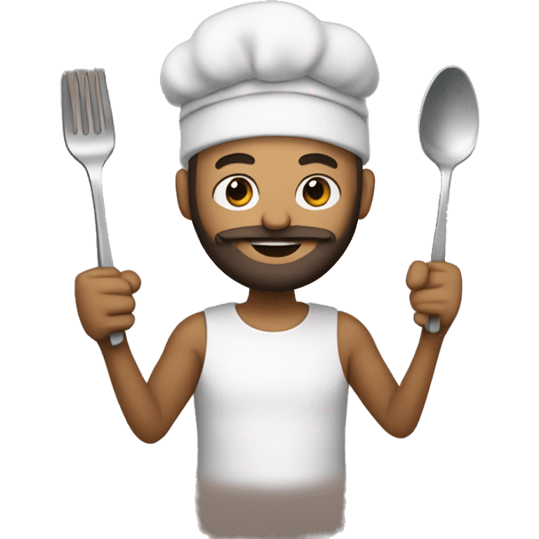 My bitmojie holding a fork and spoon with a beard emoji