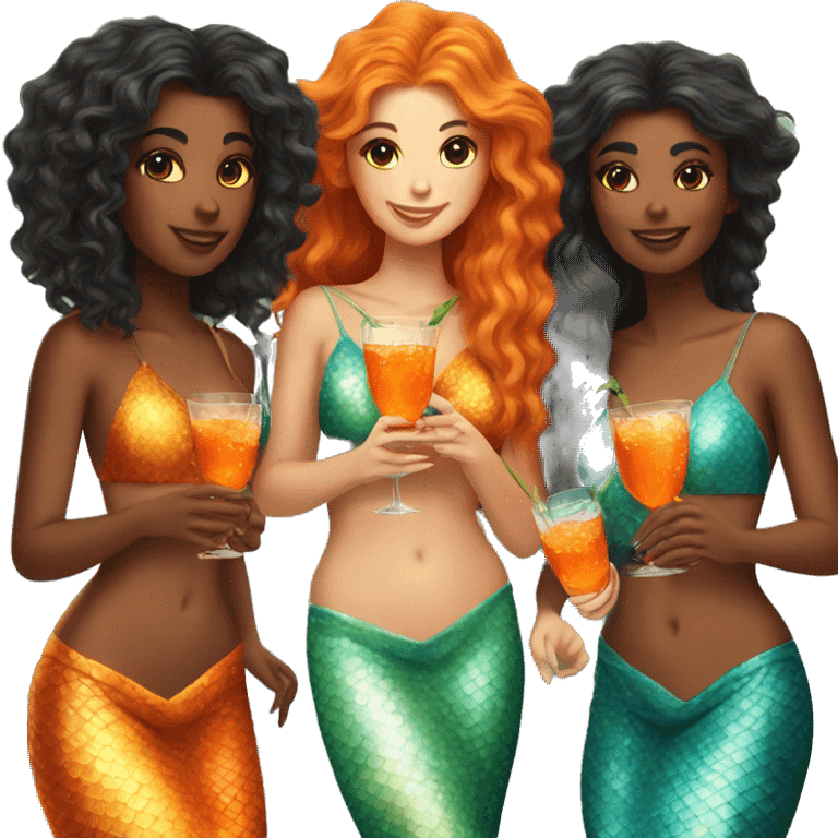 Three beautiful bright skin mermaids drinking aperol emoji