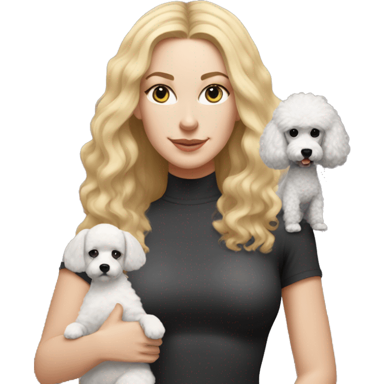 white woman with long blonde hair and cat shaped eyes wearing a yoga outfit standing alongside a black/white poodle emoji