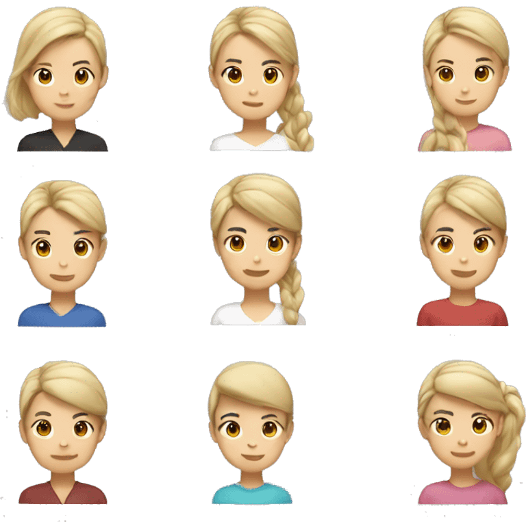 Asian guy, girl with long brow hair, girl with long blond hair, girl with medium length blond hair, girl with blond hair in a bun emoji