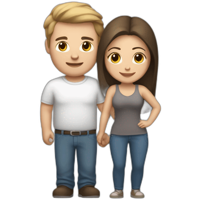 white brun man and brunette woman with a fat gray cat in their arms emoji