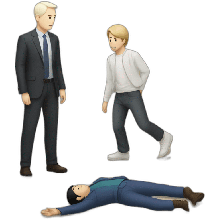 White man and japanese man looking for squelette on the ground emoji