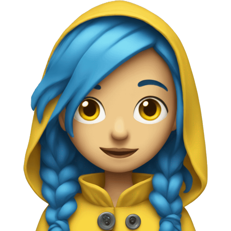 Girl with blue hair, with buttons as eyes wearing a yellow raincoat emoji