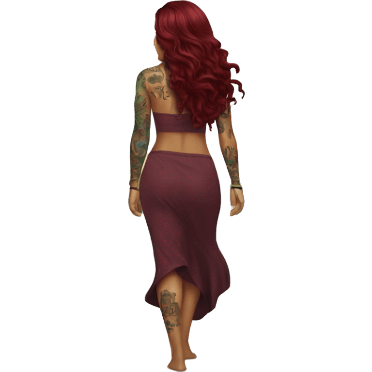 Beautiful tattooed  burgundy long haired woman walking on the beach emoji