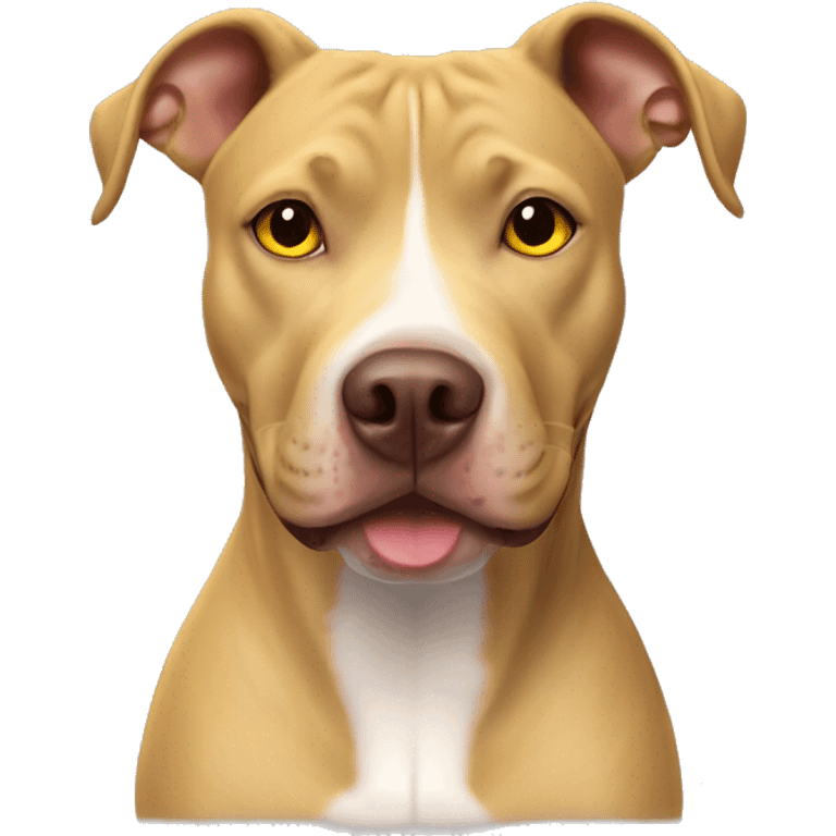 Lab pitbull mix with golden yellow color, two front teeth slightly visible, brown eyes and sitting emoji