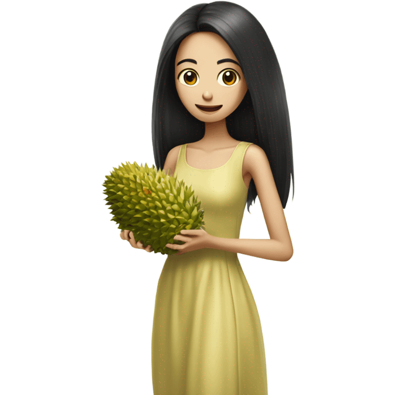 Beautiful skinny woman long black hair in dress holding durian emoji