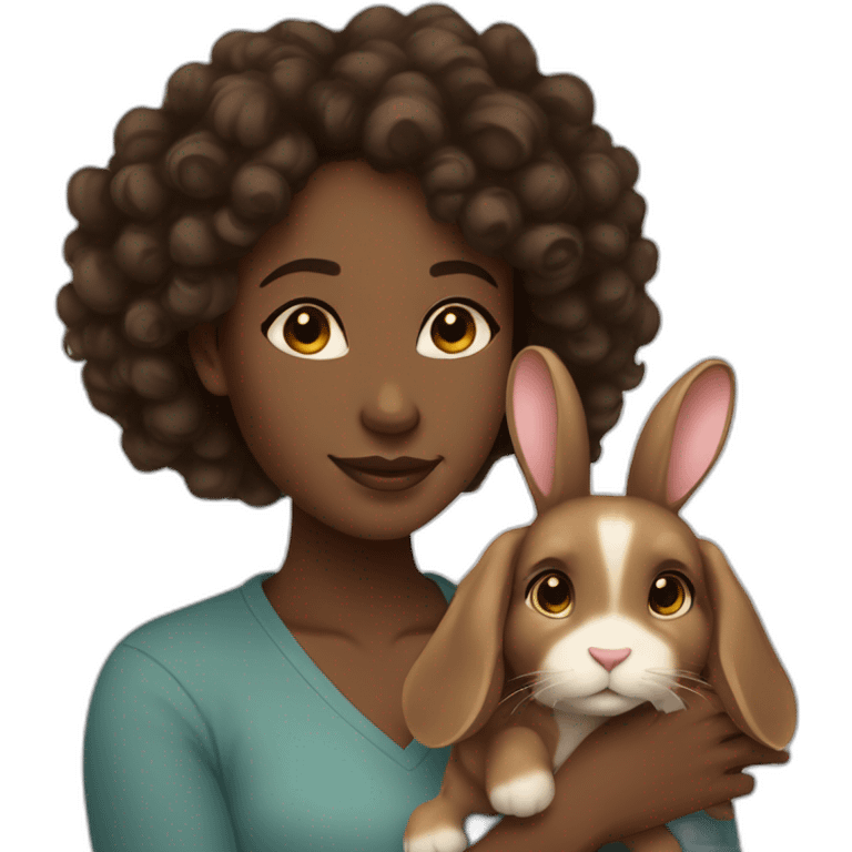 black woman long dark brown curly hair holding cute floppy eared light brown bunny emoji