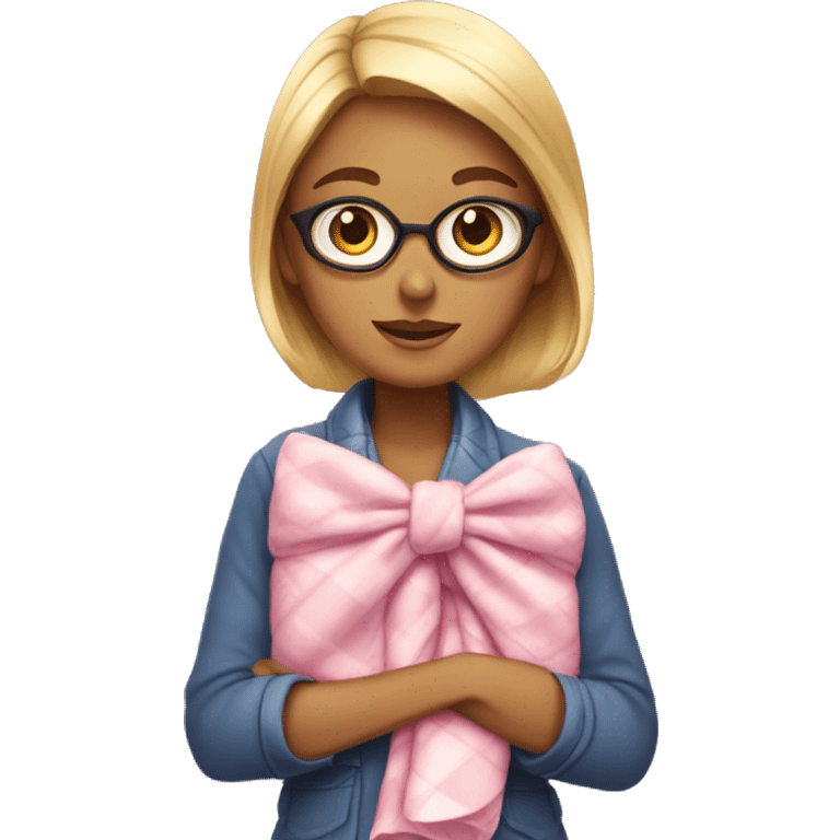 A preppy woman with a pink bow with a blanket on her lap  emoji