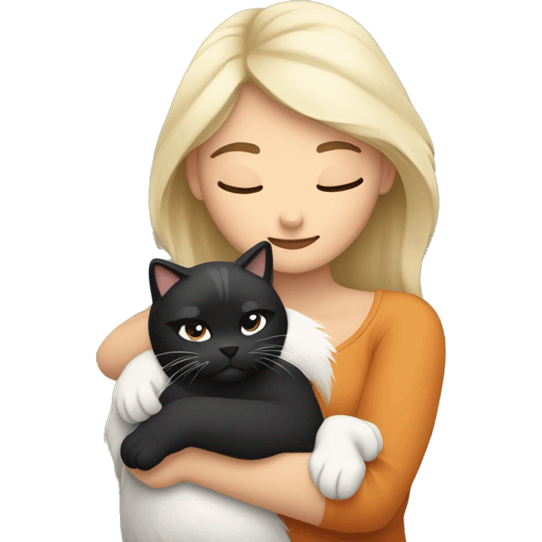 White woman with black hair hugging a Himalayan cat tiger emoji