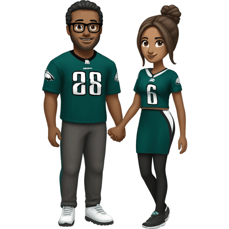 Brown guy and brown girl with glasses and hair in a bun in Philadelphia eagles clothes holding hands emoji