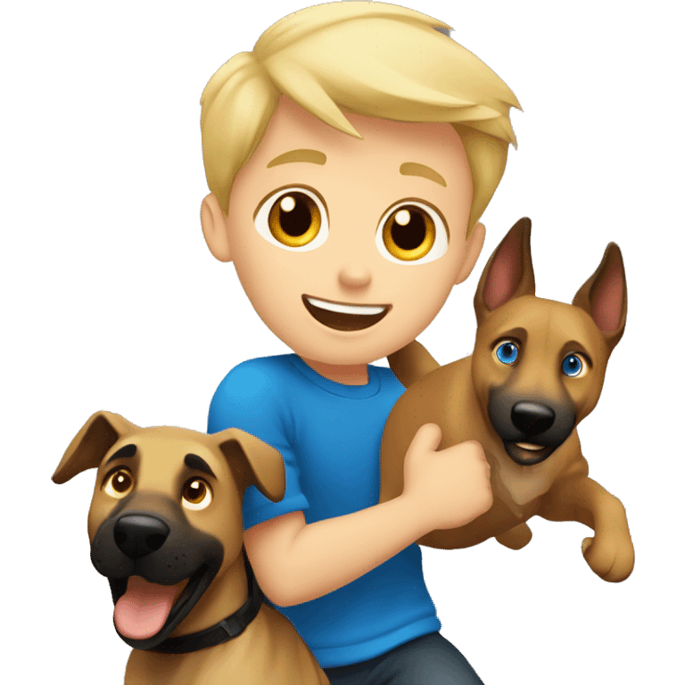 blond boy with blue eyes running with his malinois dog emoji