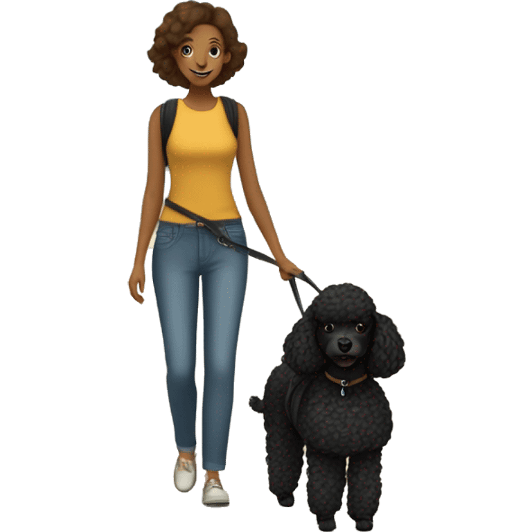 3 legs One Small unshaved Black Poodle with brown harness is walking with a pretty girl emoji