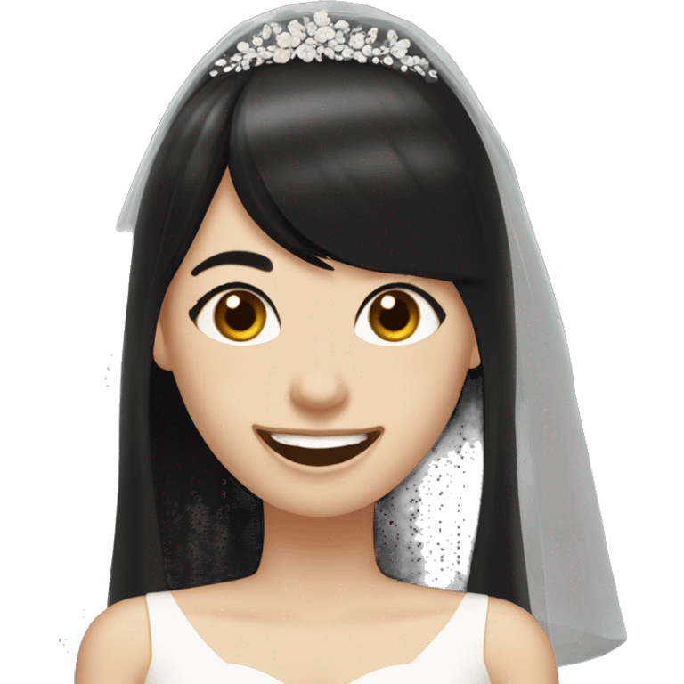 bride with very pale skin dark brown straight very short hair black dress and bangs laughing with veil emoji