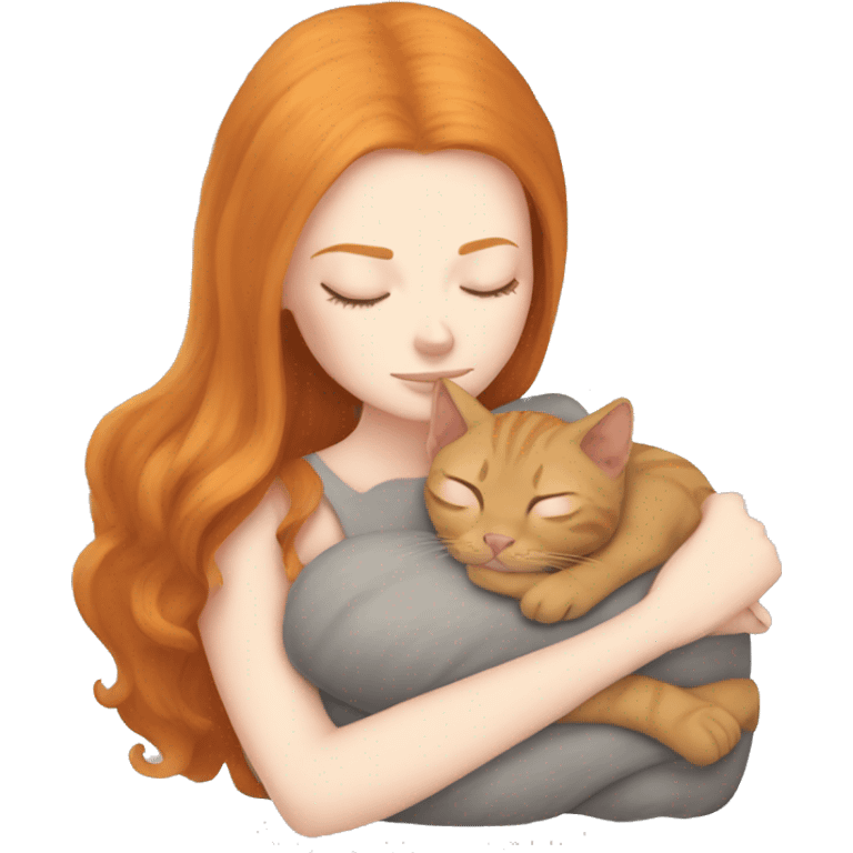 White girl ginger hair sleeping with gray sphinx kitty emoji