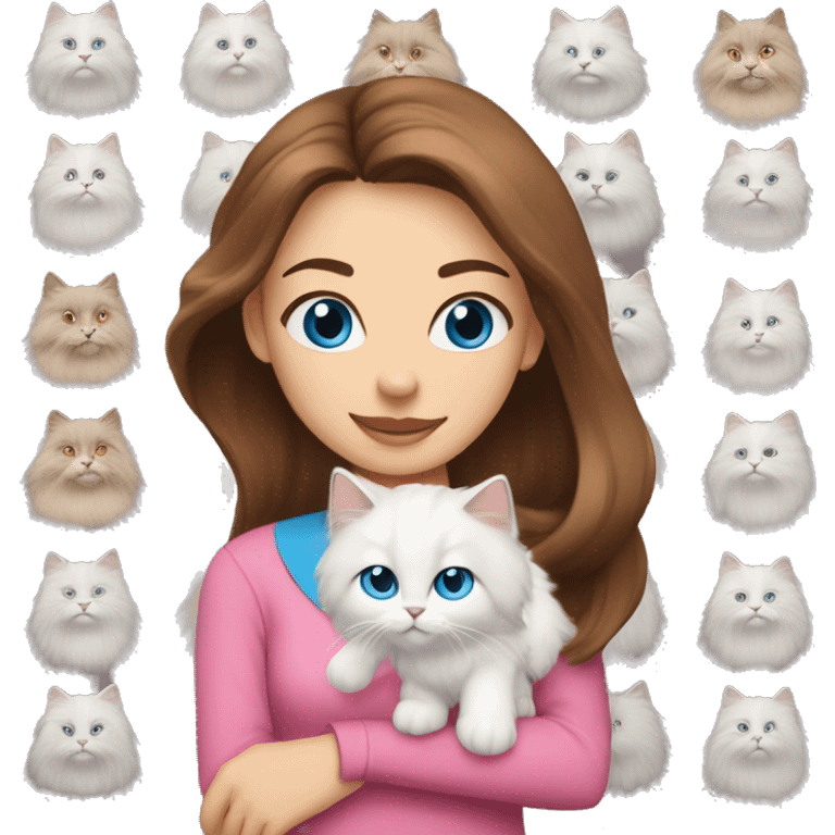 woman with long brown hair and pink shirt and holding a all white Siberian cat with blue eyes emoji