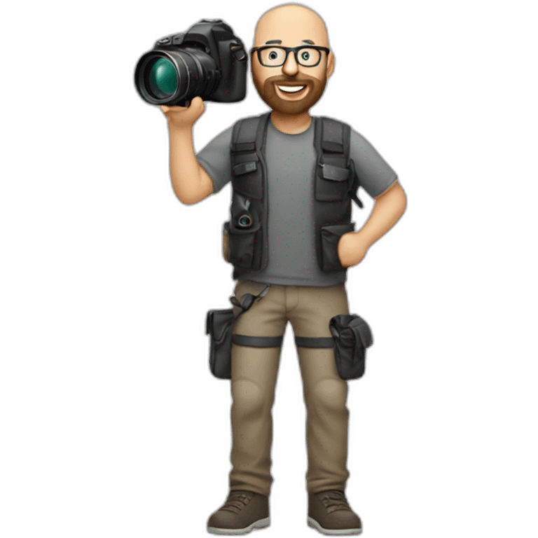 Bald guy photographer with beard. Full body emoji