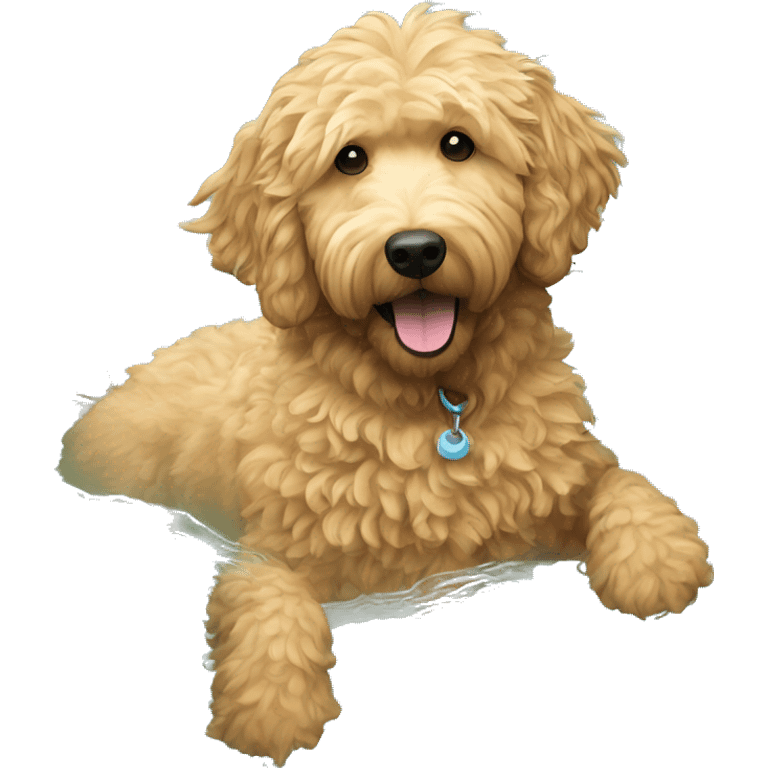 A golden doodle with wavy fur swimming in a pool emoji