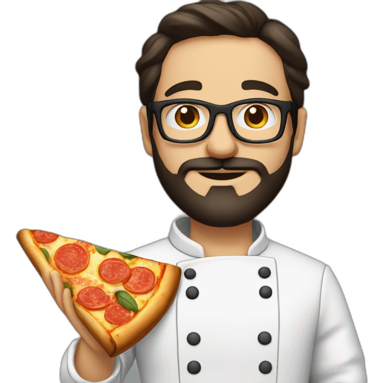 Dark haired chef with beard and big glasses holding a slice of pizza emoji