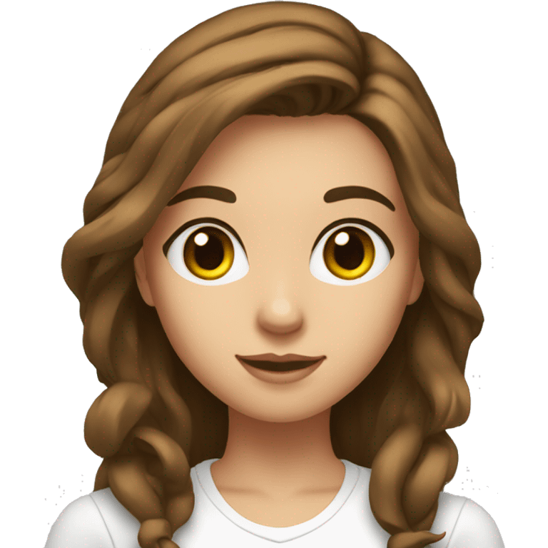 Girl in the radio studio with brown hair and eyes, long hair and white t shirt emoji