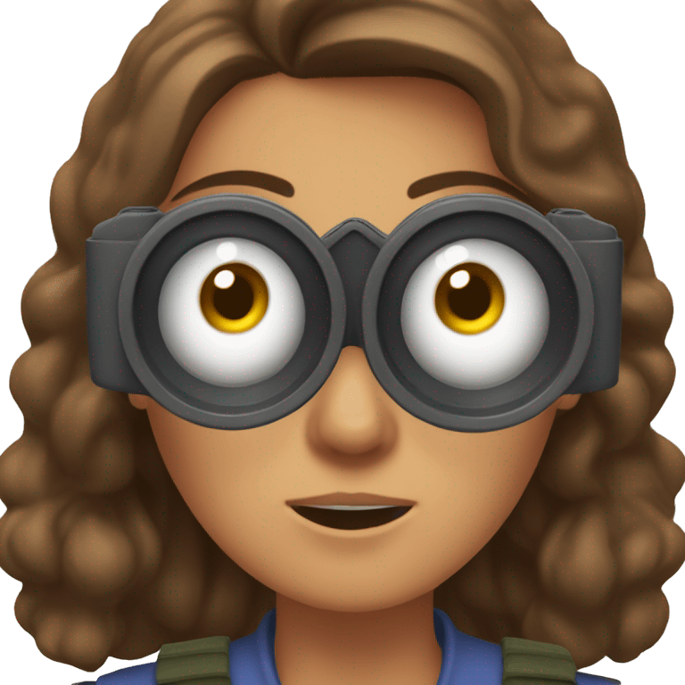 brown-haired woman holding binocular up to her face, surprised facial expression emoji