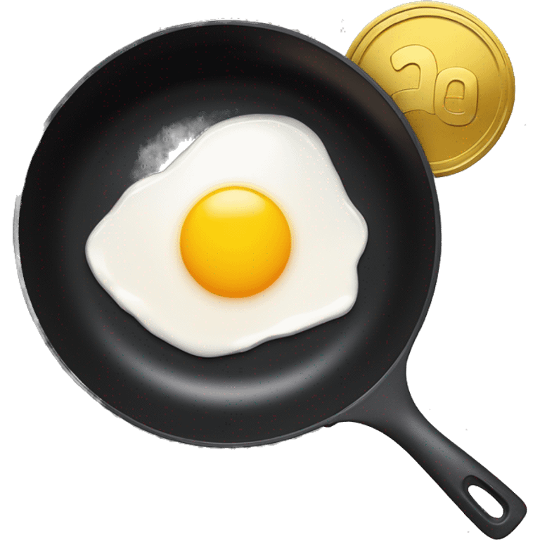 A simple, emoji-style illustration of a black frying pan viewed from above, with a shiny gold coin at its center, designed to resemble a fried egg yolk. The coin has a smooth surface with subtle embossed details. emoji