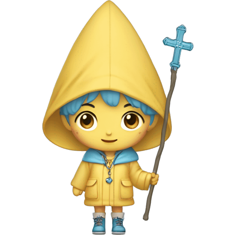 Cute little girl with light short blue hair with peach skin, with yellow raincoat hooded with boots holding a staff, with a cross necklace, Sanrio design emoji