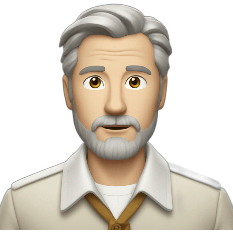 wes anderson character of man with short quiff and beard brown and grey hair, white shirt with top-button buttoned emoji