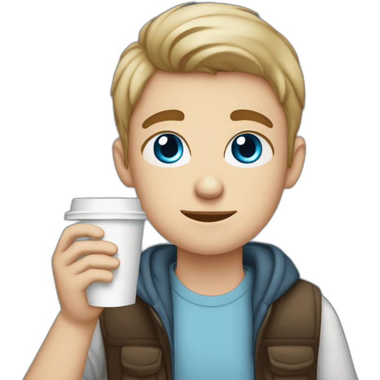 white blue eyed teen boy with a disposable cup of Coffee in his hands emoji