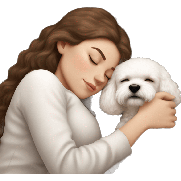 White girl brown hair sleeping with Mini Bichon emoji