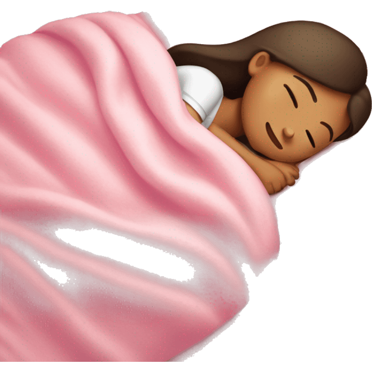 Brunette girl sleeping on side with pink blanket emoji